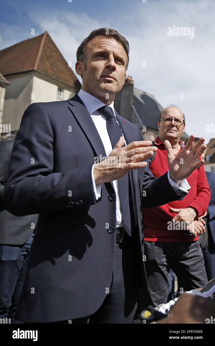 La Cluze-et-Mijoux, France, 27 April 2023. French President Emmanuel Macron visits the Dole market and meets people before to visit the 'Chateau de Joux' upon a ceremony of the 175th anniversary of the abolition of slavery in France, in La Cluze-et-Mijoux, near Besancon, Eastern France, 27 April 2023. To commemorate slavery's abolition French President Macron pay tribute to Toussaint Louverture, imprisoned at the 'Chateau de Joux' until the end of his life, for the anniversary of his birth (280th) and his death (220th) celebrated this year. Photo by Christophe Petit Tesson/Pool/ABACAPRESS.COM Stock Photo