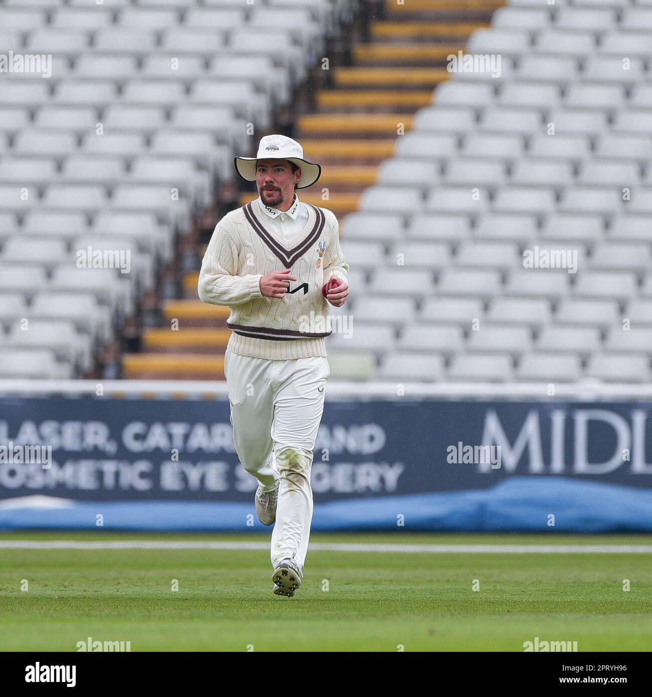 Taken in Edgbaston, Birmingham, UK on 27 Apr 2023 at Edgbaston Stadium. Pictured is: Surrey's captain, Rory Burns during Day 1 of play in the LV= Insurance County Cup game between Warwickshire County Cricket Club & Surrey  Image is for editorial use only, credit to Stu Leggett via Alamy Live News Stock Photo