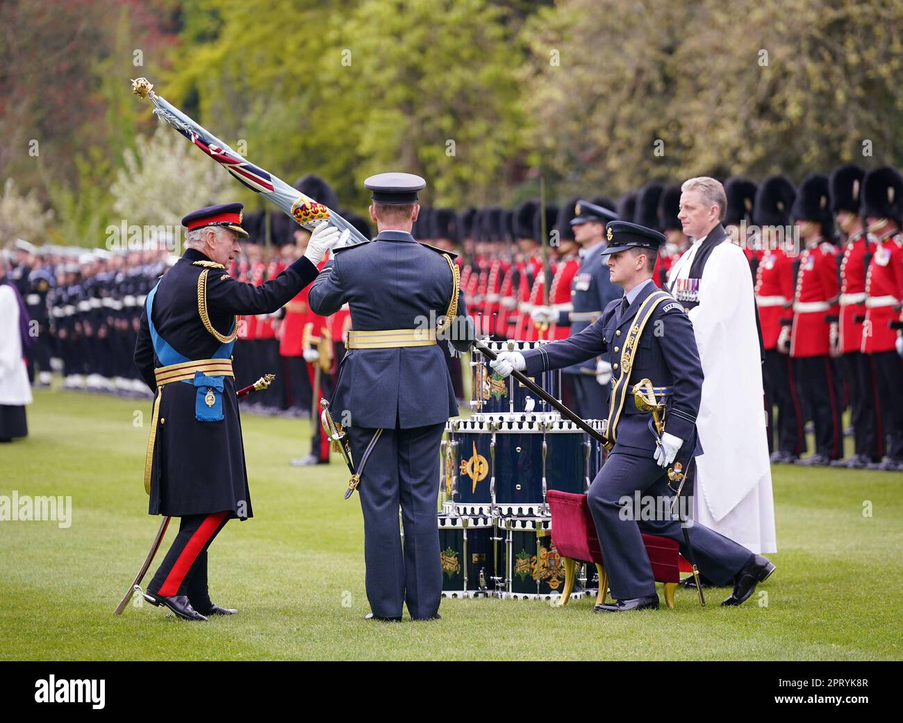 ***DESK - PLEASE SEE OP NOTE FOR GUIDANCE ON NAMES AND PROCEDURE*** King Charles III presents new Colours to The King???s Colour Squadron of the Royal Air Force, during a ceremony he presented new Standards and Colours to the Royal Navy; the Life Guards of the Household Cavalry Mounted Regiment; The King???s Company of the Grenadier Guards, and The King???s Colour Squadron of the Royal Air Force, at Buckingham Palace in London. Picture date: Thursday April 27, 2023. Stock Photo