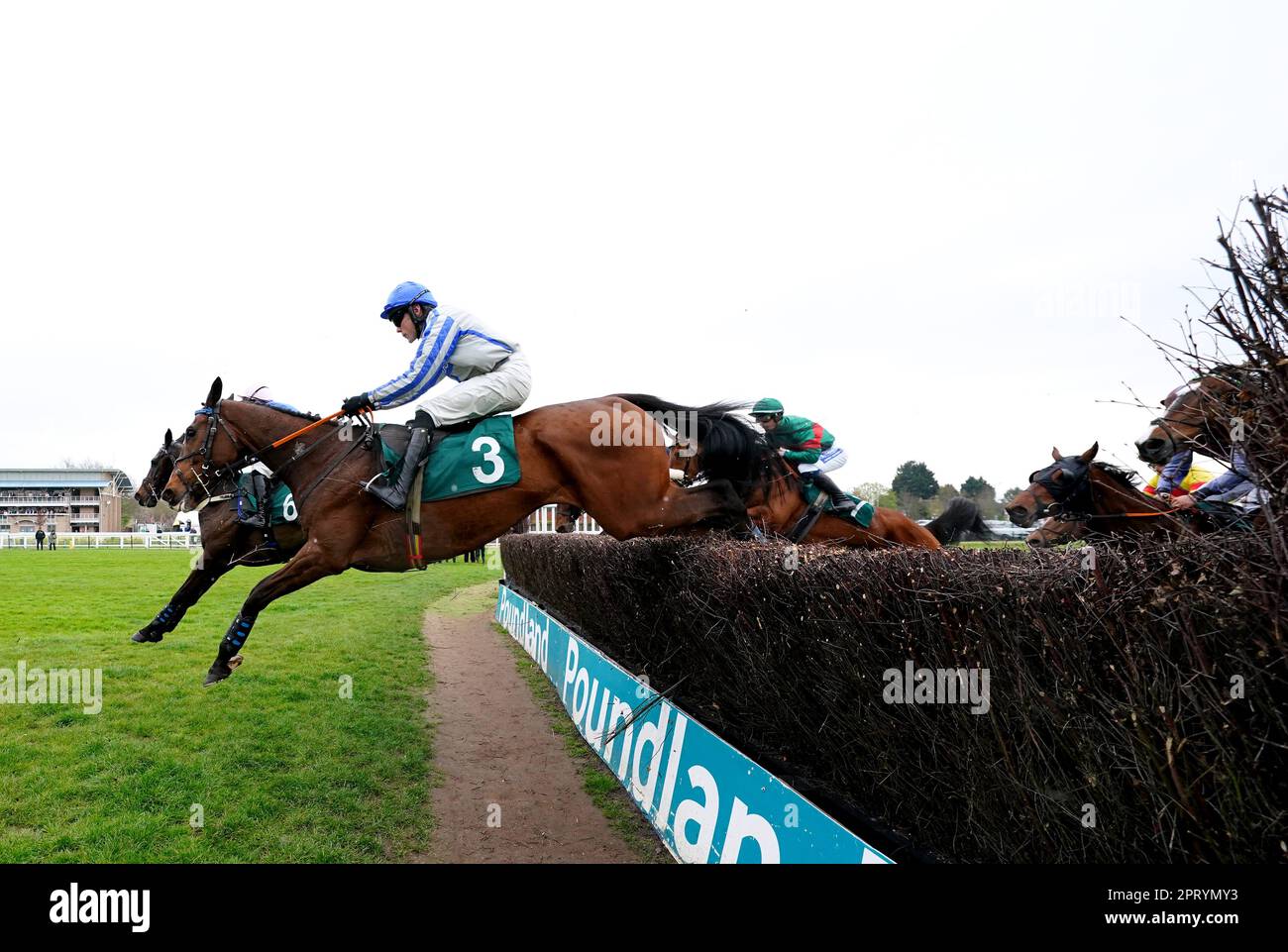 My Bad Lucy ridden by jockey James Davies clears a jump before going on to become the eventual winner of the Watch On Racing TV Novices' Handicap Chase at Warwick Racecourse. Picture date: Thursday April 27, 2023. Stock Photo