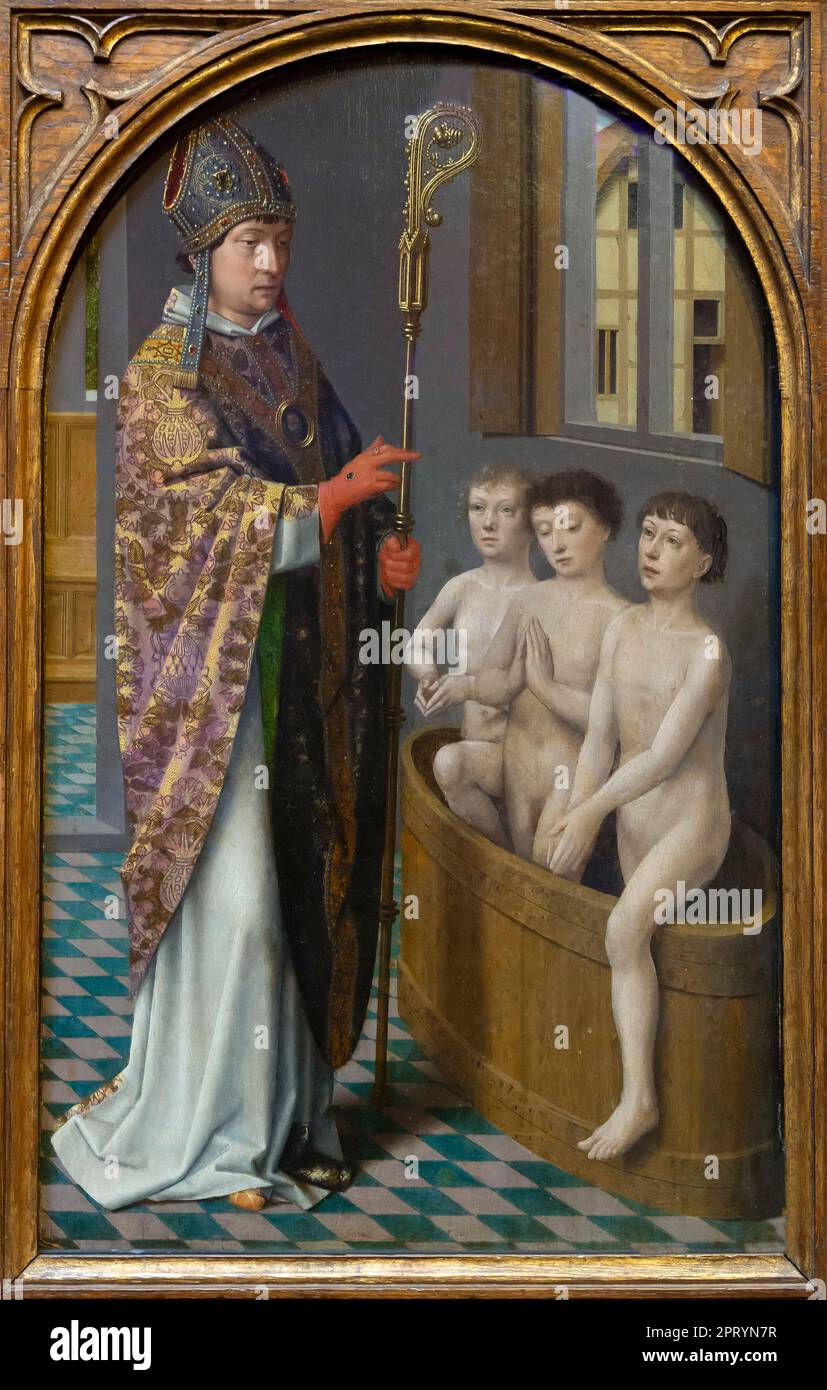 St Nicholas revives three boys who had been murdered and salted down as meat during a famine, Three Legends of St Nicholas, Gerard David, circa 1500-1 Stock Photo