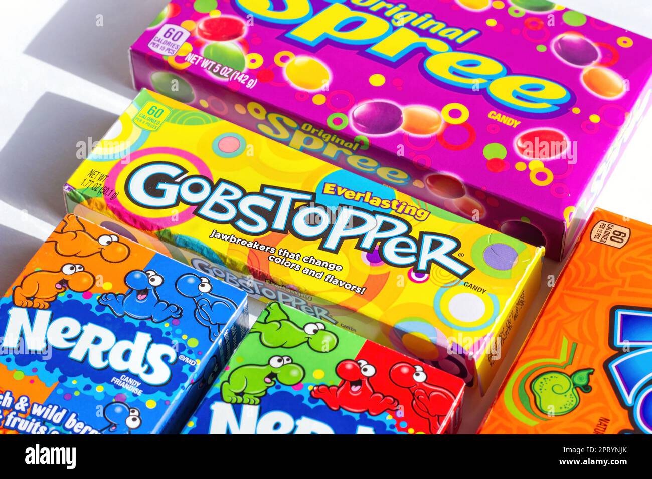 DUSHANBE, TAJIKISTAN - AUGUST 18, 2022: Different kinds of American sweet candies (Gobstopper, Spree, Runts, Nerds) packs. Stock Photo