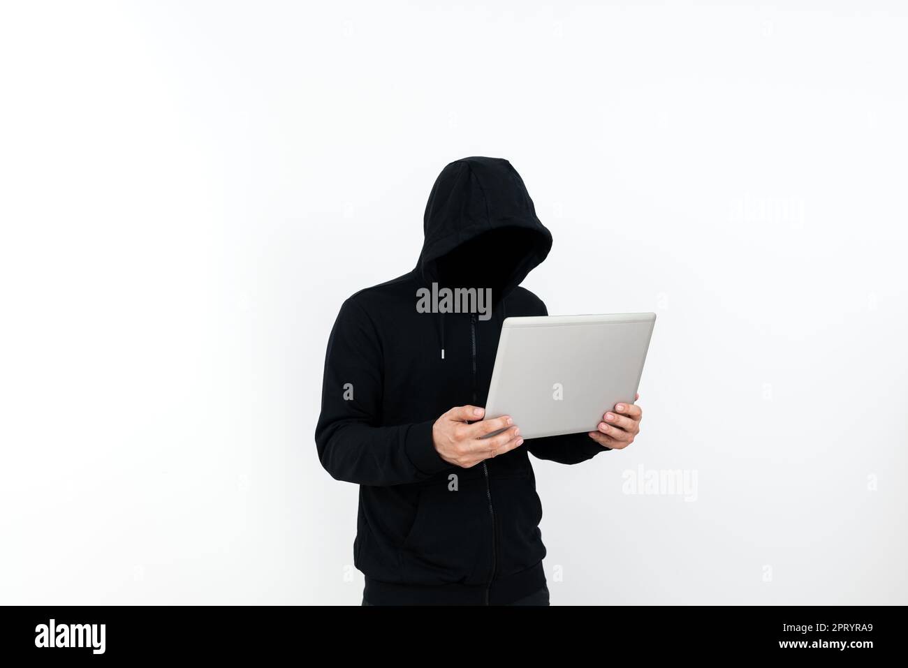Man Standing With Laptop Presenting Cyber Security. Stock Photo