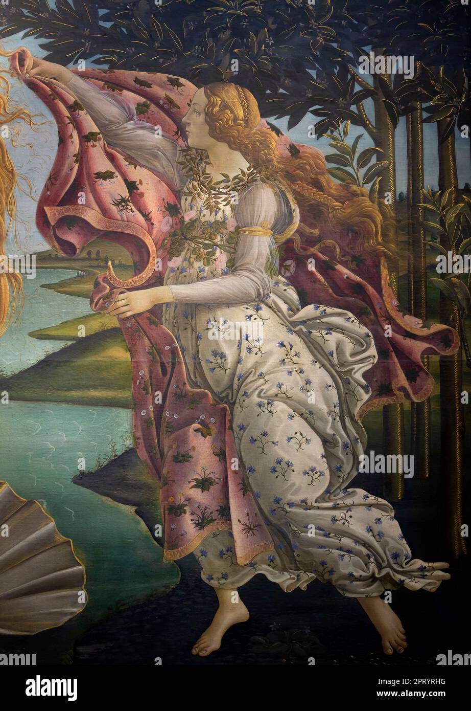 The Hora of Spring, Birth of Venus, detail, Sandro Botticelli, circa 1485, Galleria degli Uffizi, Uffizi Gallery, Florence, Tuscany, Italy Stock Photo