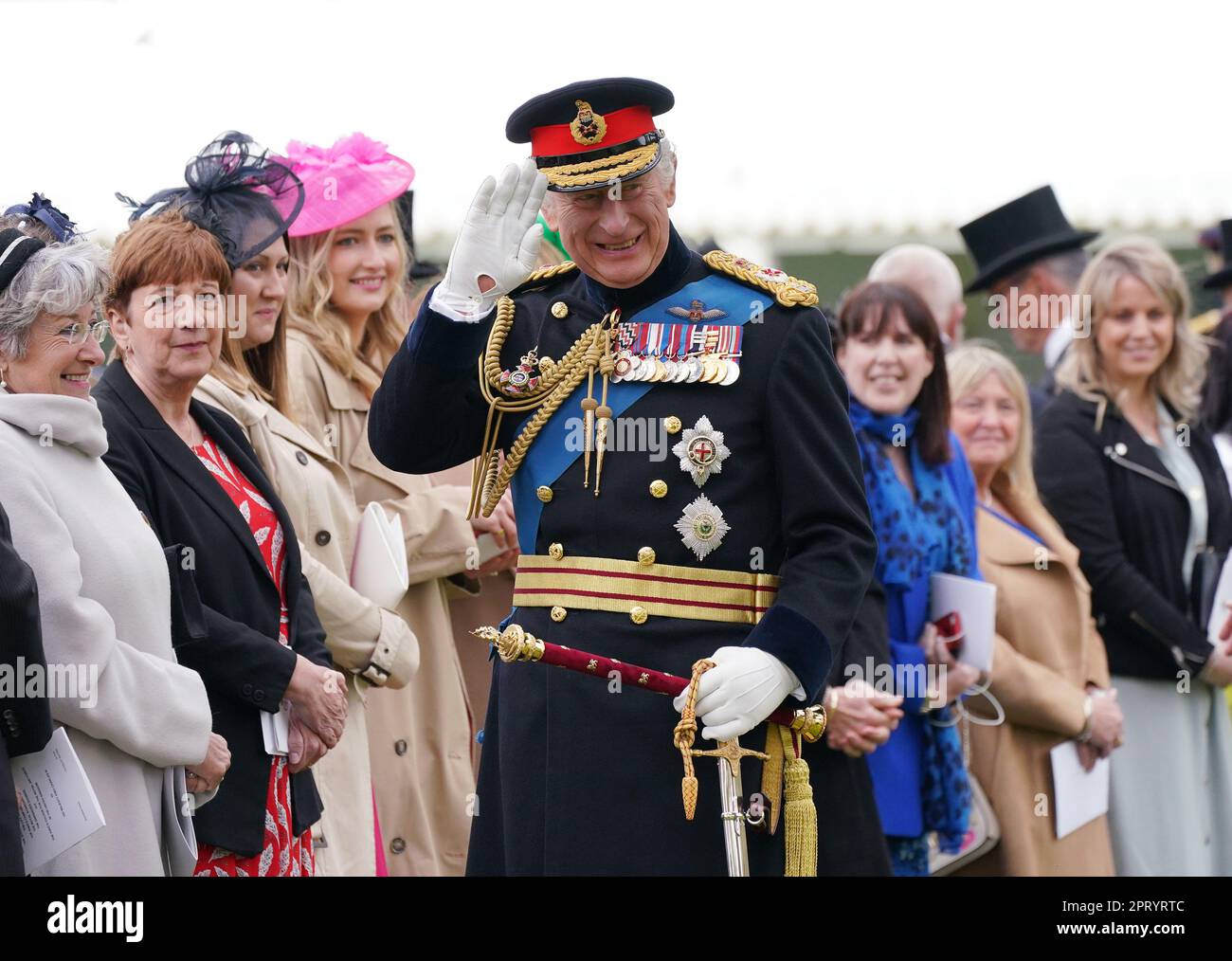 ***DESK - PLEASE SEE OP NOTE FOR GUIDANCE ON NAMES AND PROCEDURE*** King Charles III meeting guests after a ceremony where he presented new Standards and Colours to the Royal Navy; the Life Guards of the Household Cavalry Mounted Regiment; The King???s Company of the Grenadier Guards, and The King???s Colour Squadron of the Royal Air Force, at Buckingham Palace in London. Picture date: Thursday April 27, 2023. Stock Photo