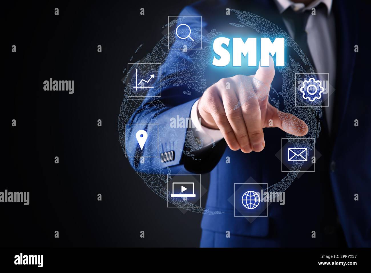 Social media marketing concept. Man touching virtual icon SMM against ...