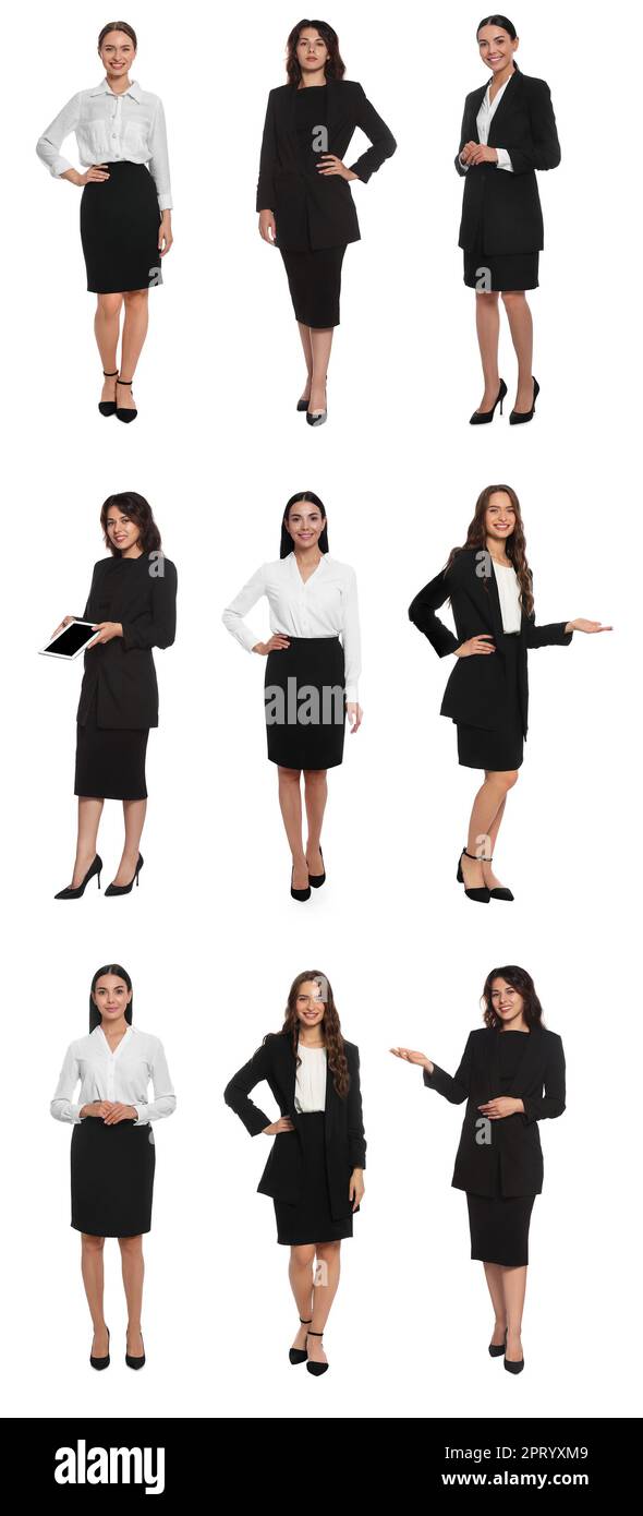 Collage with photos of hostess in uniform on white background Stock Photo