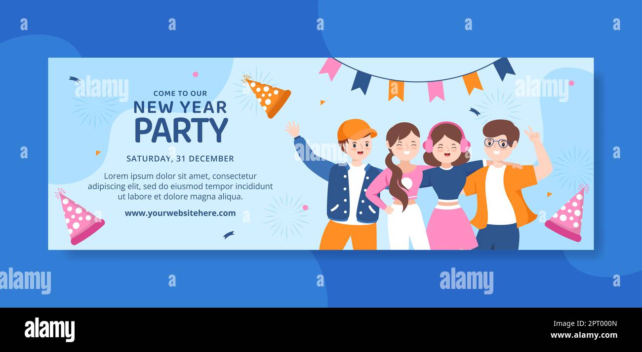 Happy New Year Celebration Banner Flat Cartoon Hand Drawn Templates
