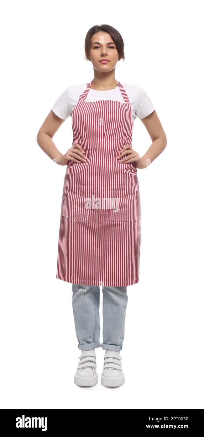 Young woman in red striped apron on white background Stock Photo - Alamy