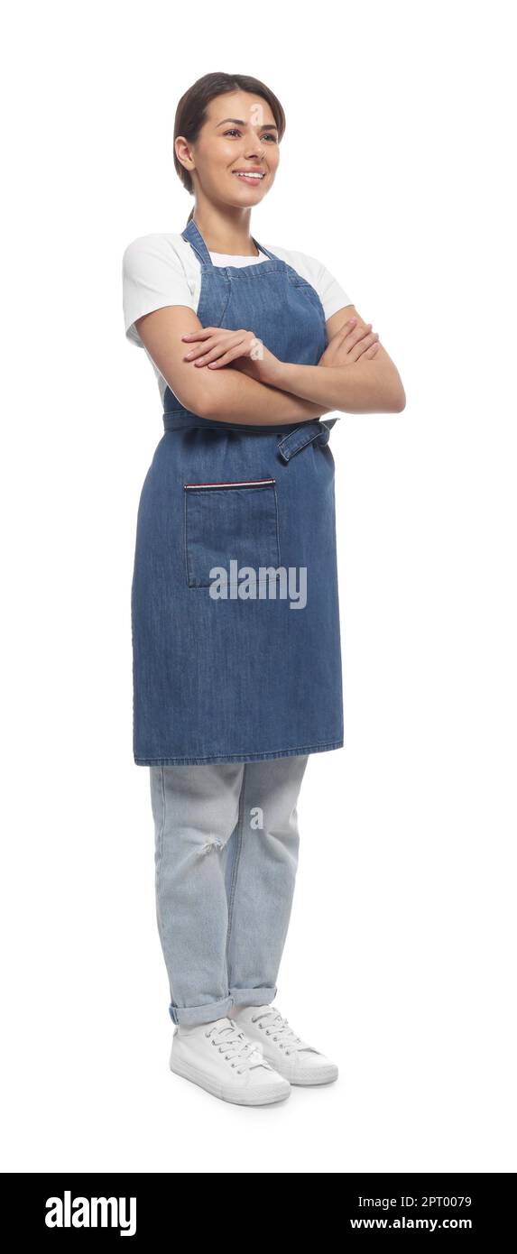 Young woman in blue apron on white background Stock Photo - Alamy