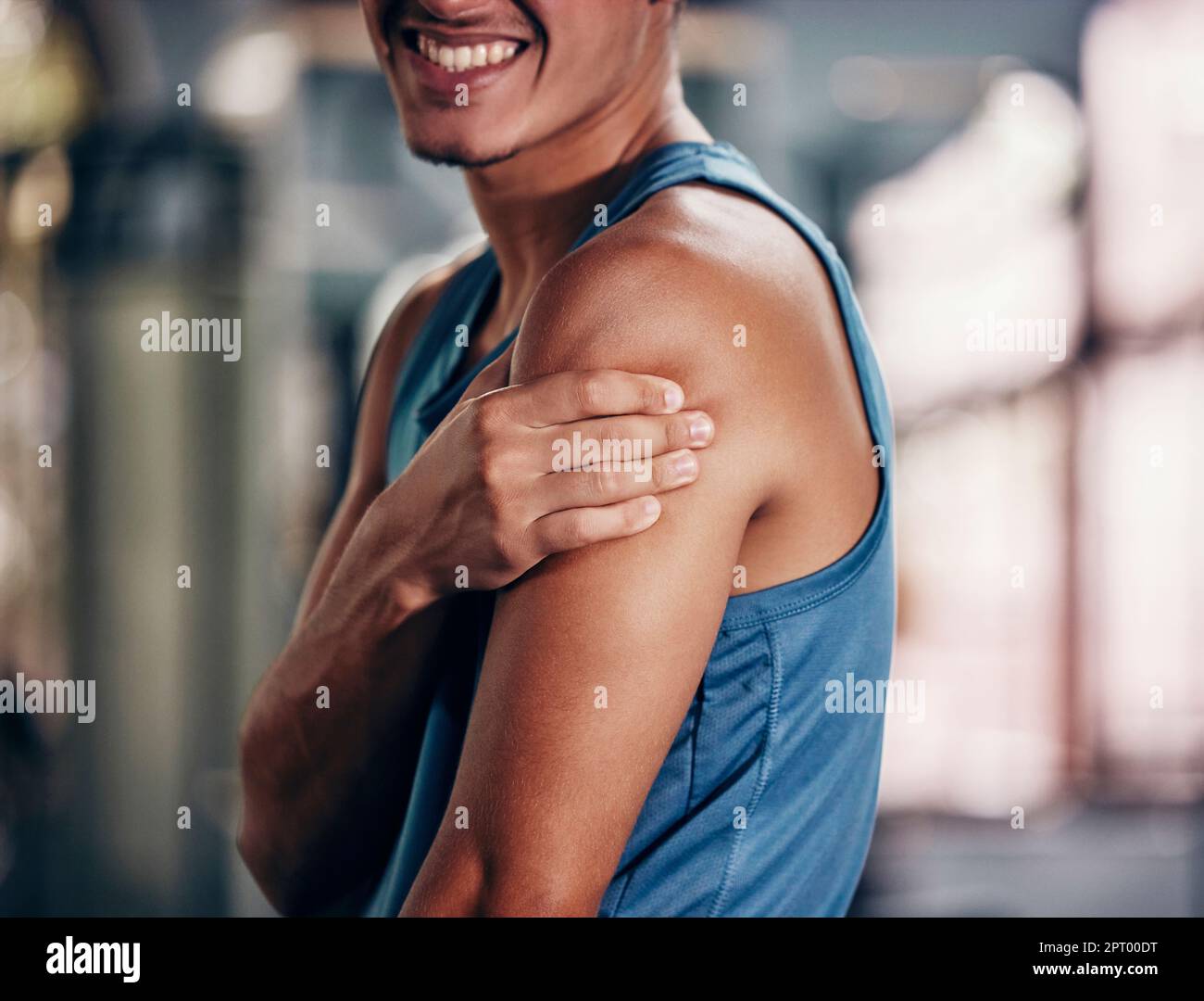 Sports injury, pain and arm massage at gym after accident during