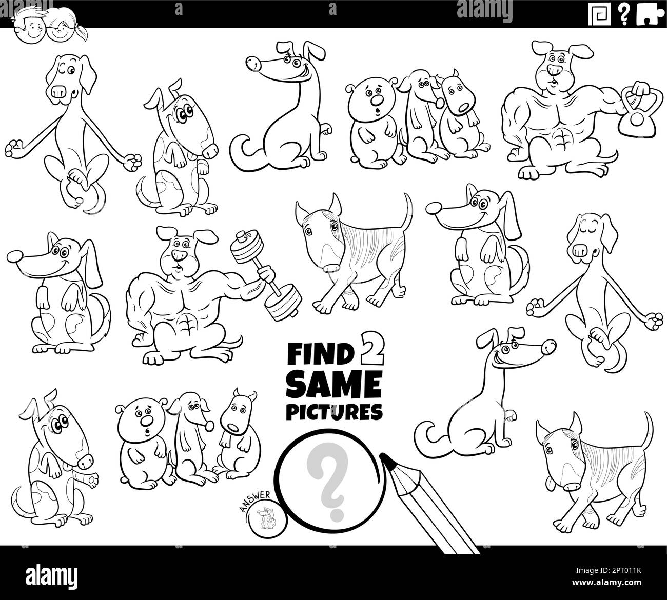 find two same comic dog characters task coloring page Stock Vector ...