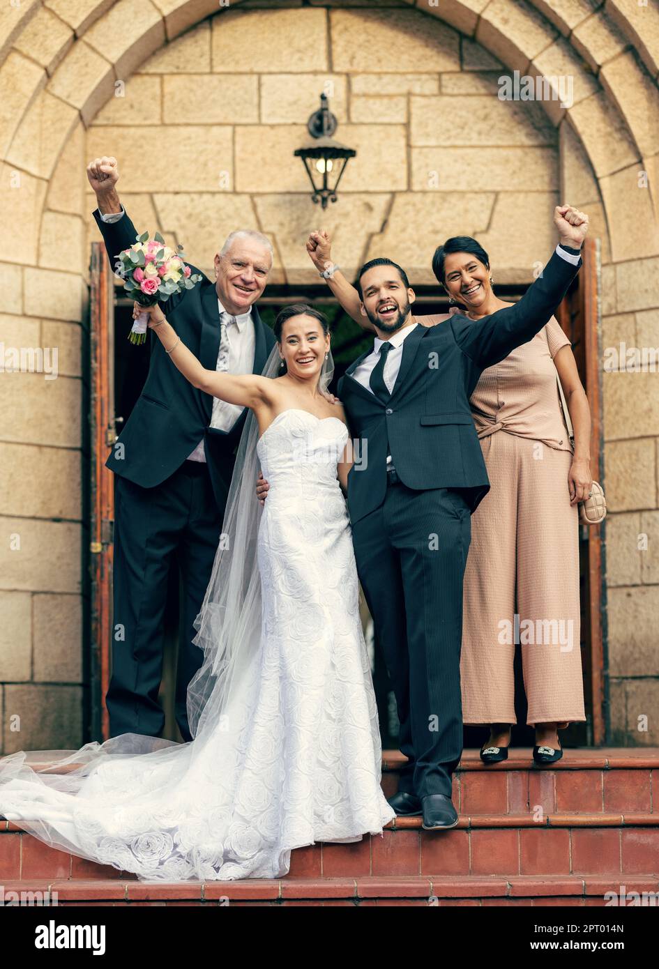 Wedding, bride and groom with parents on stairs, church and happiness
