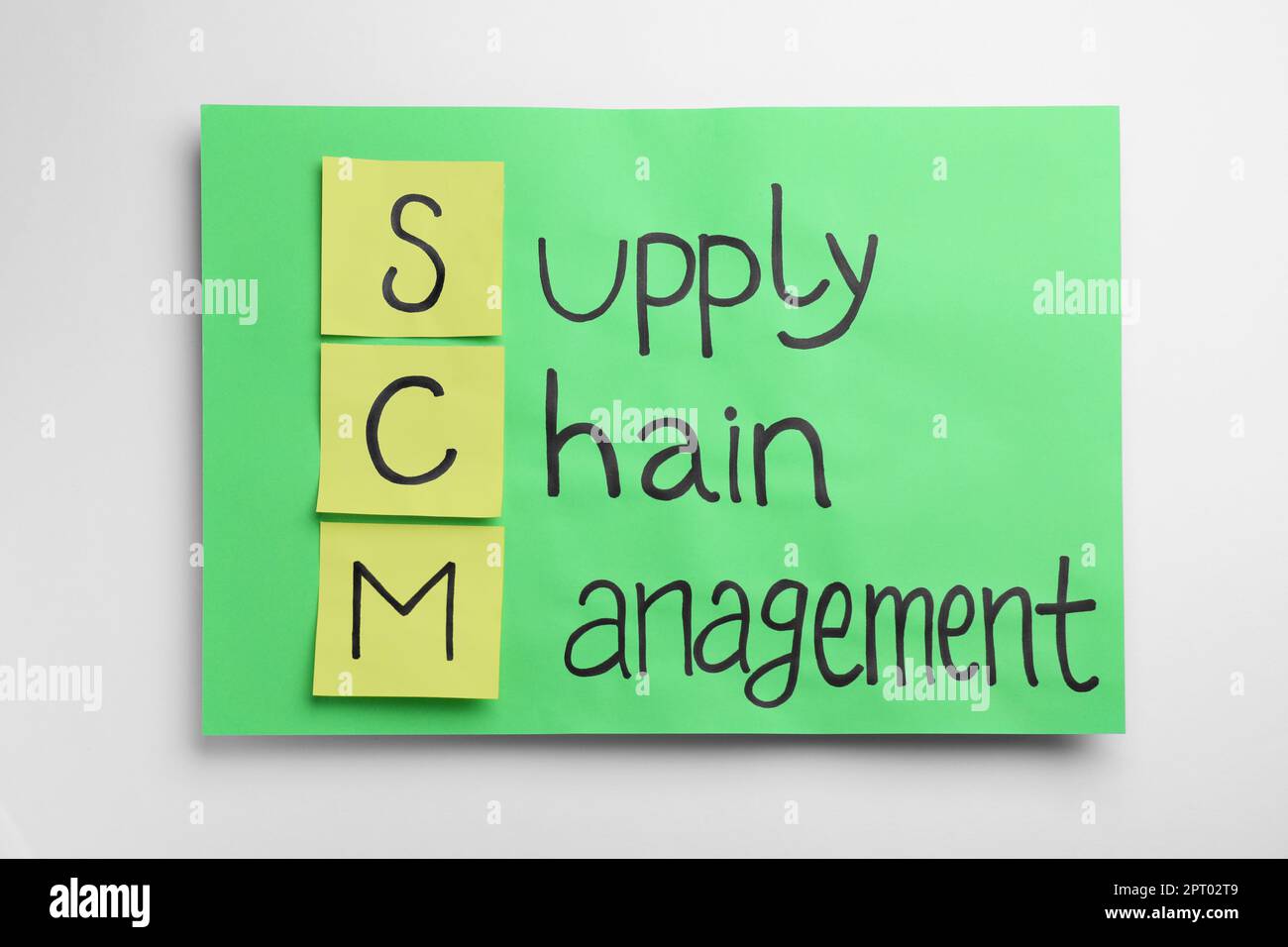 Green paper with abbreviation SCM (Supply Chain Management) on white background, top view Stock Photo