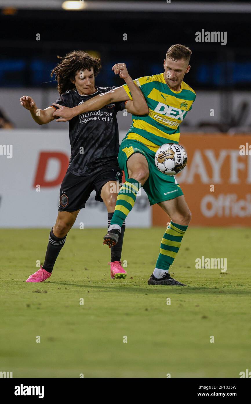 St. Petersburg, United States. 26th Apr, 2022. St. Petersburg, FL: Tampa  Bay Rowdies midfielder Forrest Lasso (3) heads the ball during the third  round game of the U.S. Open Cup against the