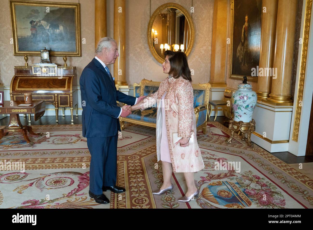 Britain's King Charles III, left, receives the Lieutenant Governor of ...