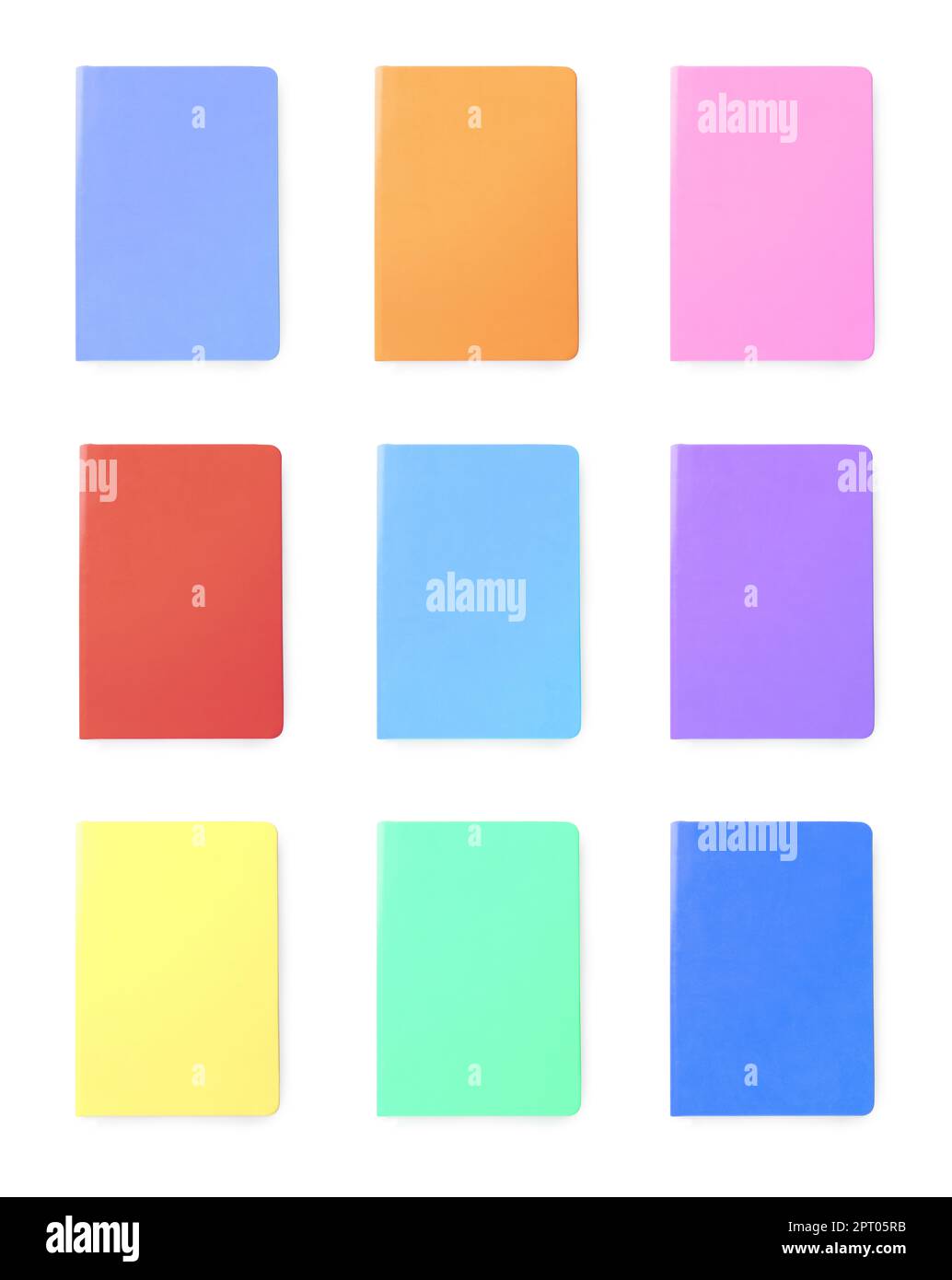 Set with multicolor notebooks on white background, top view Stock Photo