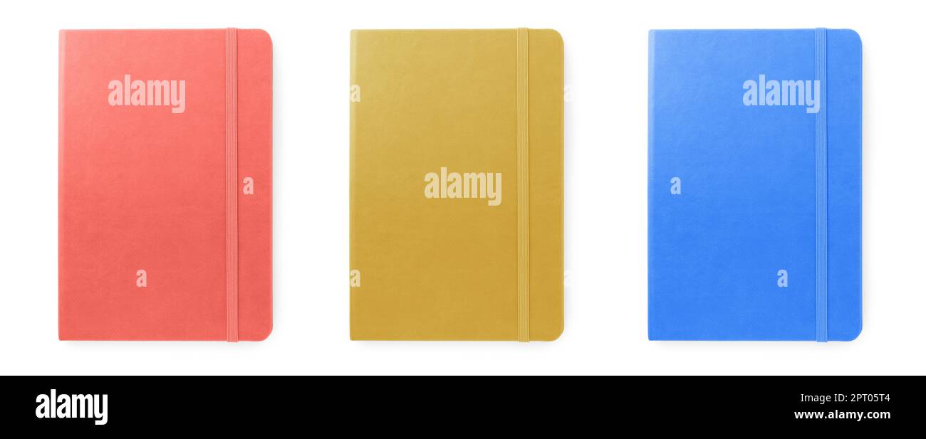 Set with multicolor notebooks on white background, top view. Banner design Stock Photo