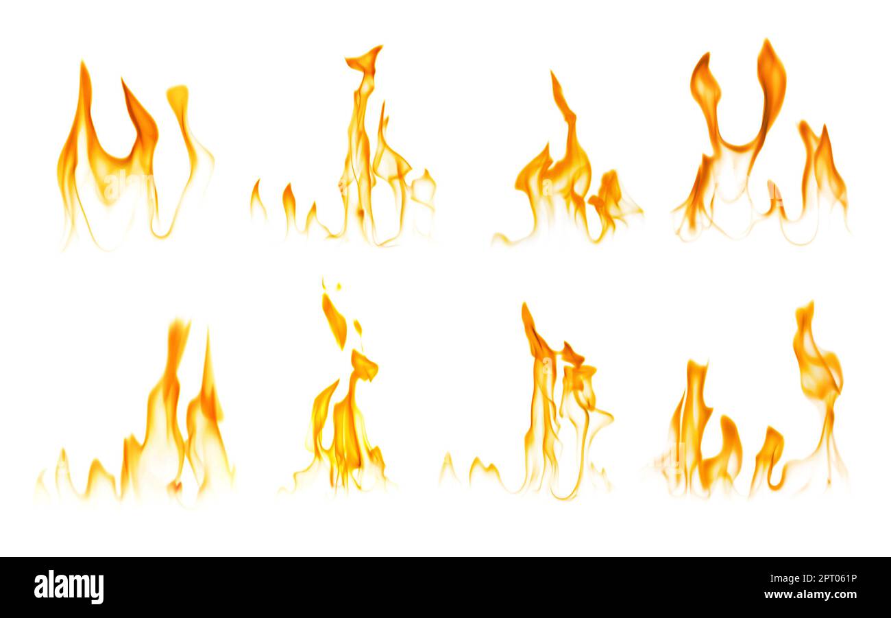 Set with beautiful bright fire flames on white background Stock Photo ...