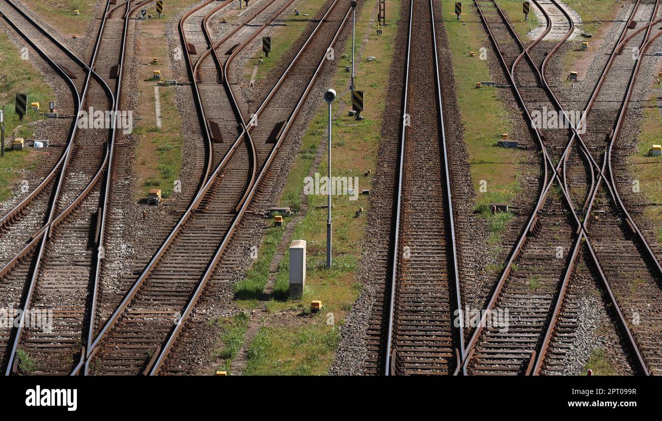 Rostock, Germany. 27th Apr, 2023. Tracks at the Rostock Seaport marshalling yard after the symbolic groundbreaking ceremony for the redevelopment. The station is to be completely refurbished in the coming years and freight rail traffic accelerated. Credit: Bernd Wüstneck/dpa/Alamy Live News Stock Photo