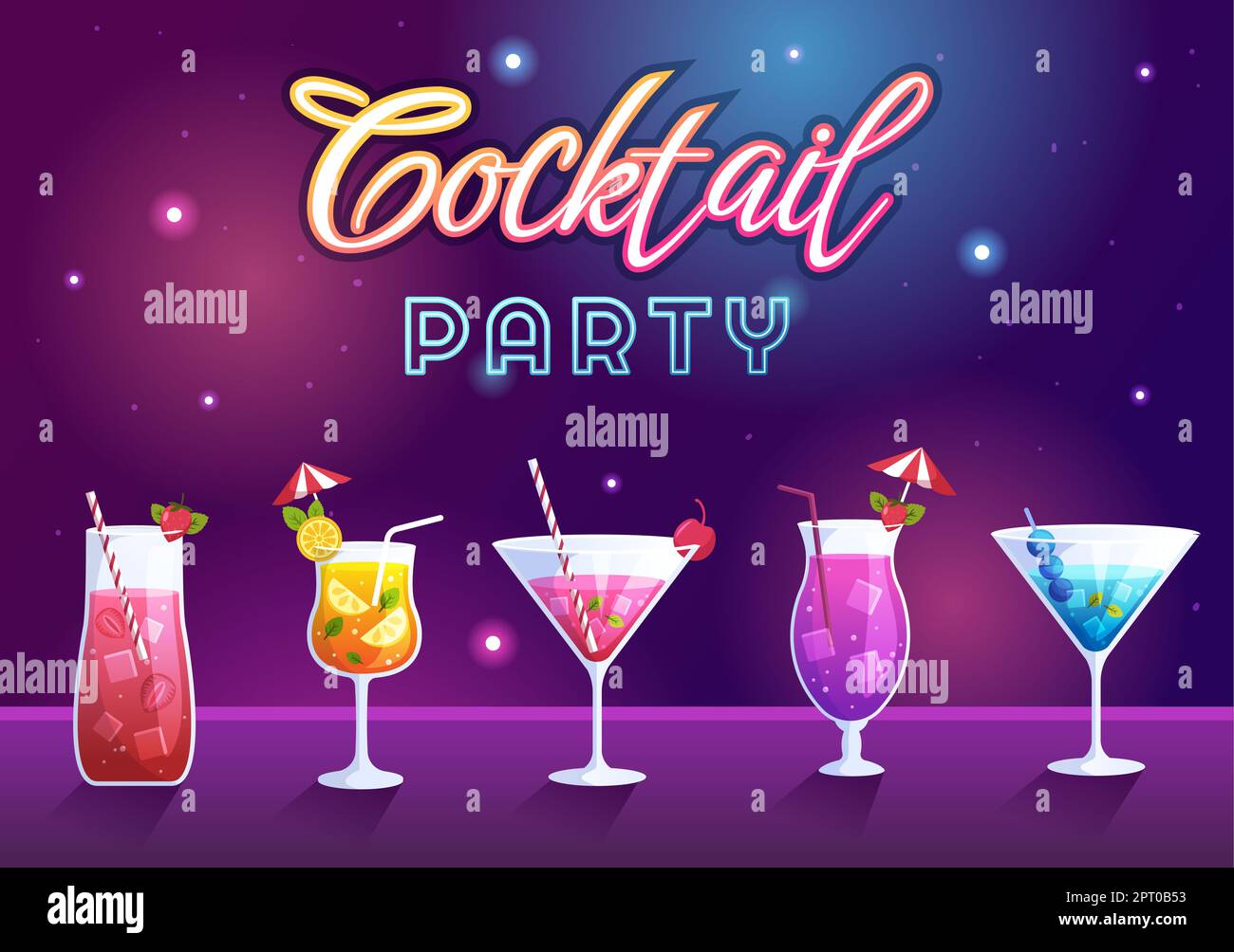 Cocktail Bar or Nightclub with Friends Hanging Out with Alcoholic Fruit Juice Drinks or Cocktails on Flat Hand Drawn Cartoon Template Illustration Stock Photo