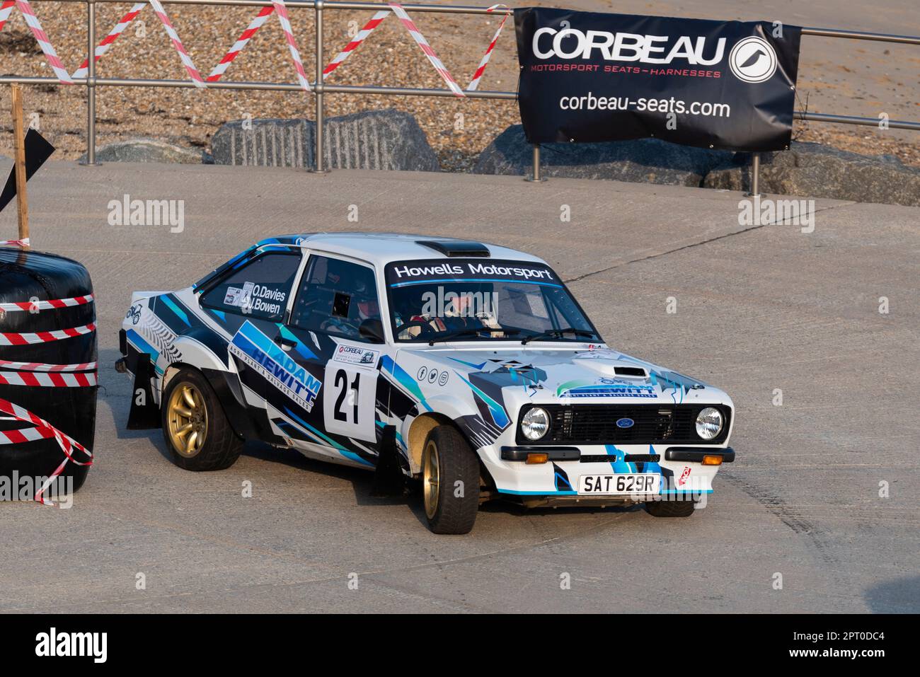 Oliver Davies racing a Ford Escort Mk2 competing in the Corbeau Seats rally on the seafront at Clacton on Sea, Essex, UK. Co driver Jack Bowen Stock Photo