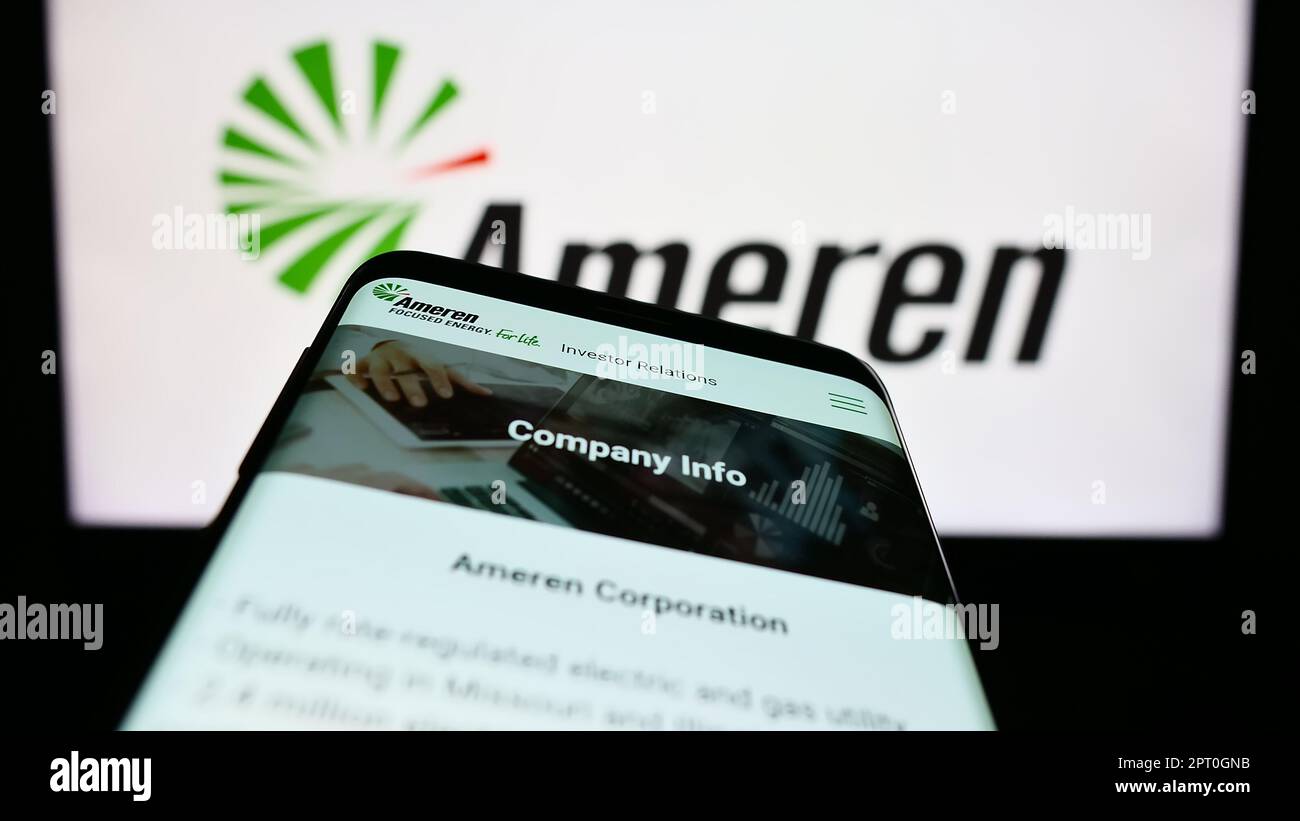 Smartphone with website of US energy company Ameren Corporation on