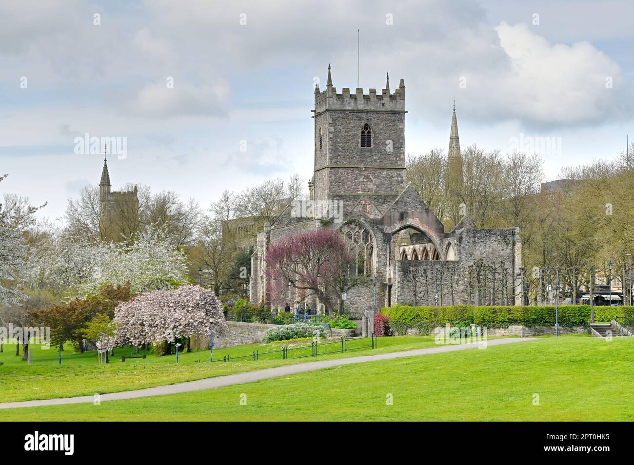 Spring blossom around St Peter's Church in Bristol on a clear day Stock ...