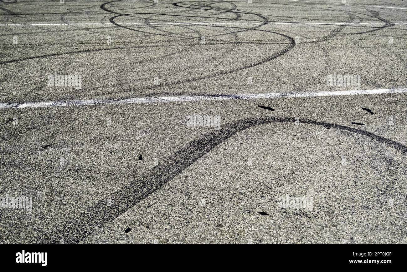 Detail of tire rubber marks, speed Stock Photo