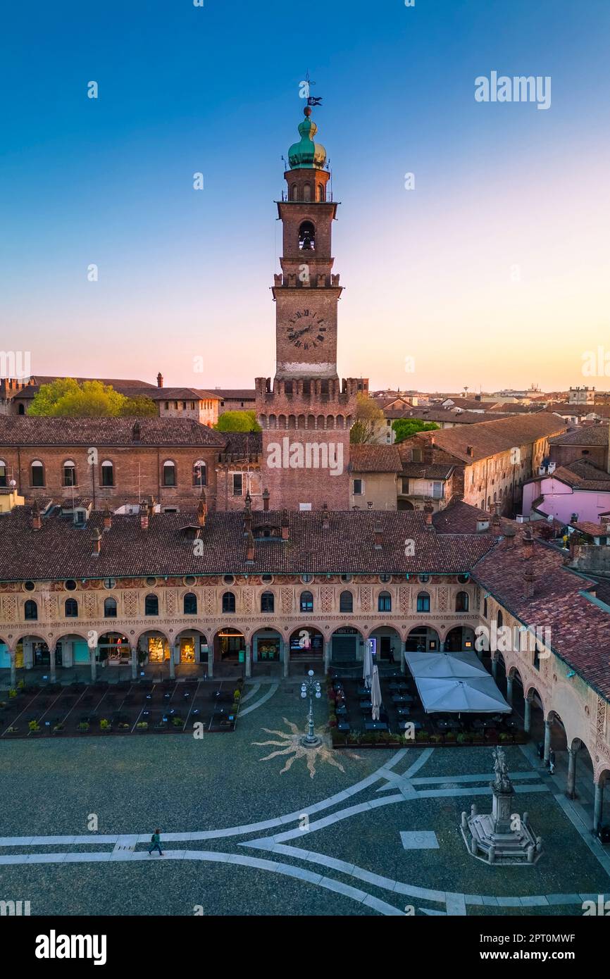 Aerial view of the Bramante's tower at sunset. Vigevano, Lomellina, Province of Pavia, Lombardy, Italy. Stock Photo