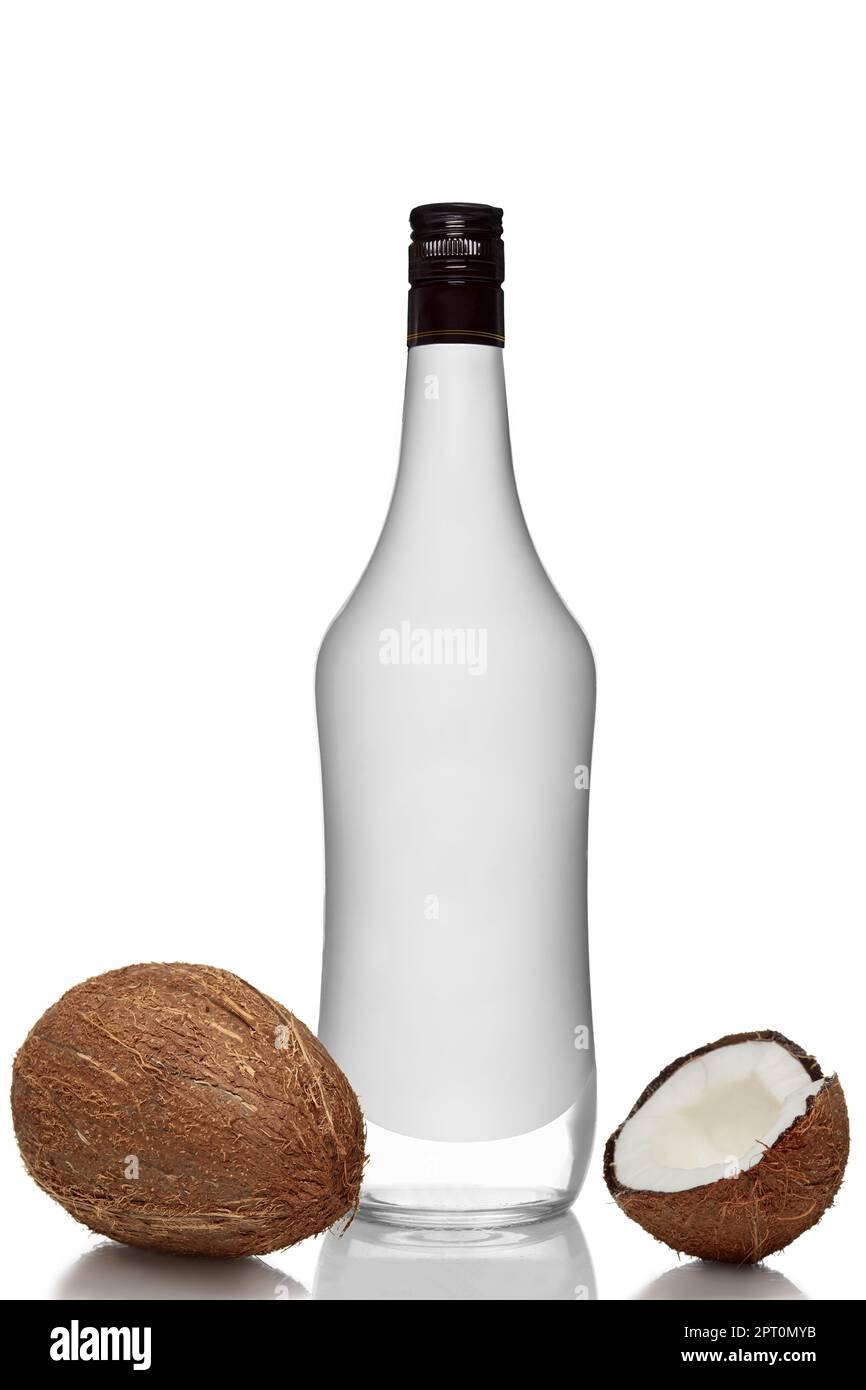 Bottle of alcohol beverage with coconut flavour with whole and opened
