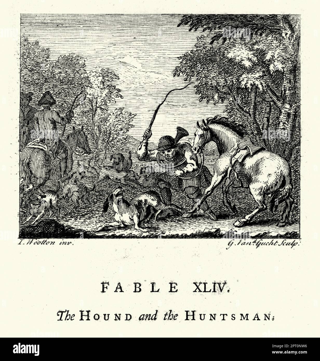 Vintage illustration Fable of the Hound and the Huntsman, Man hitting dog with a whip, Blood sport , 18th Century. From the Fables of John Gay Stock Photo