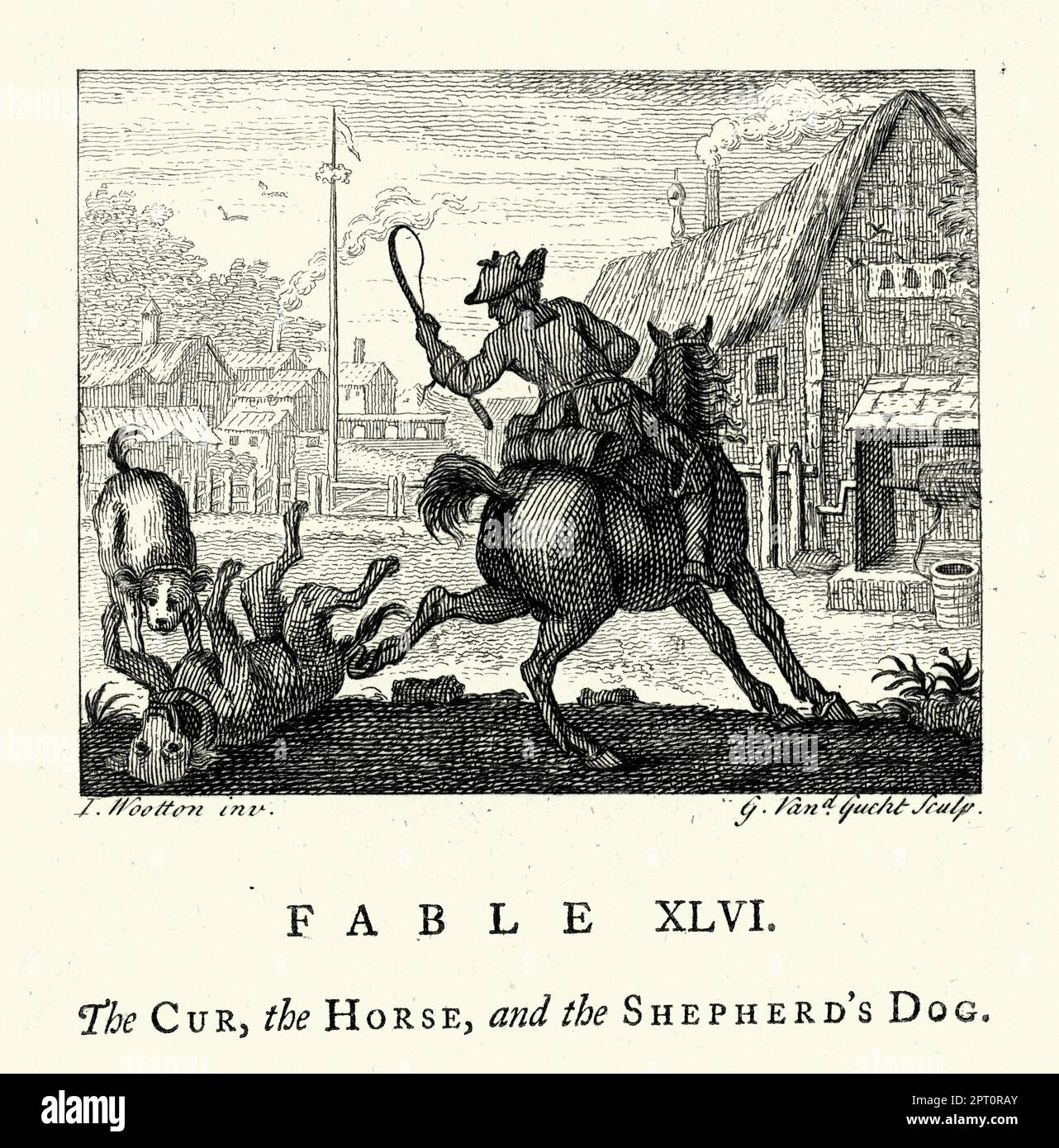 Vintage illustration Fable of the Cur, the horse amd the Shapherd's dog, Dogs fighting in the street, 18th Century. From the Fables of John Gay Stock Photo