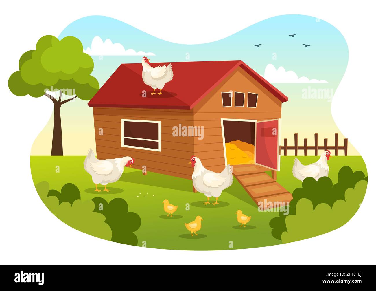Poultry Farming with Farmer, Cage, Chicken and Egg Farm on Green Field Background View in Hand