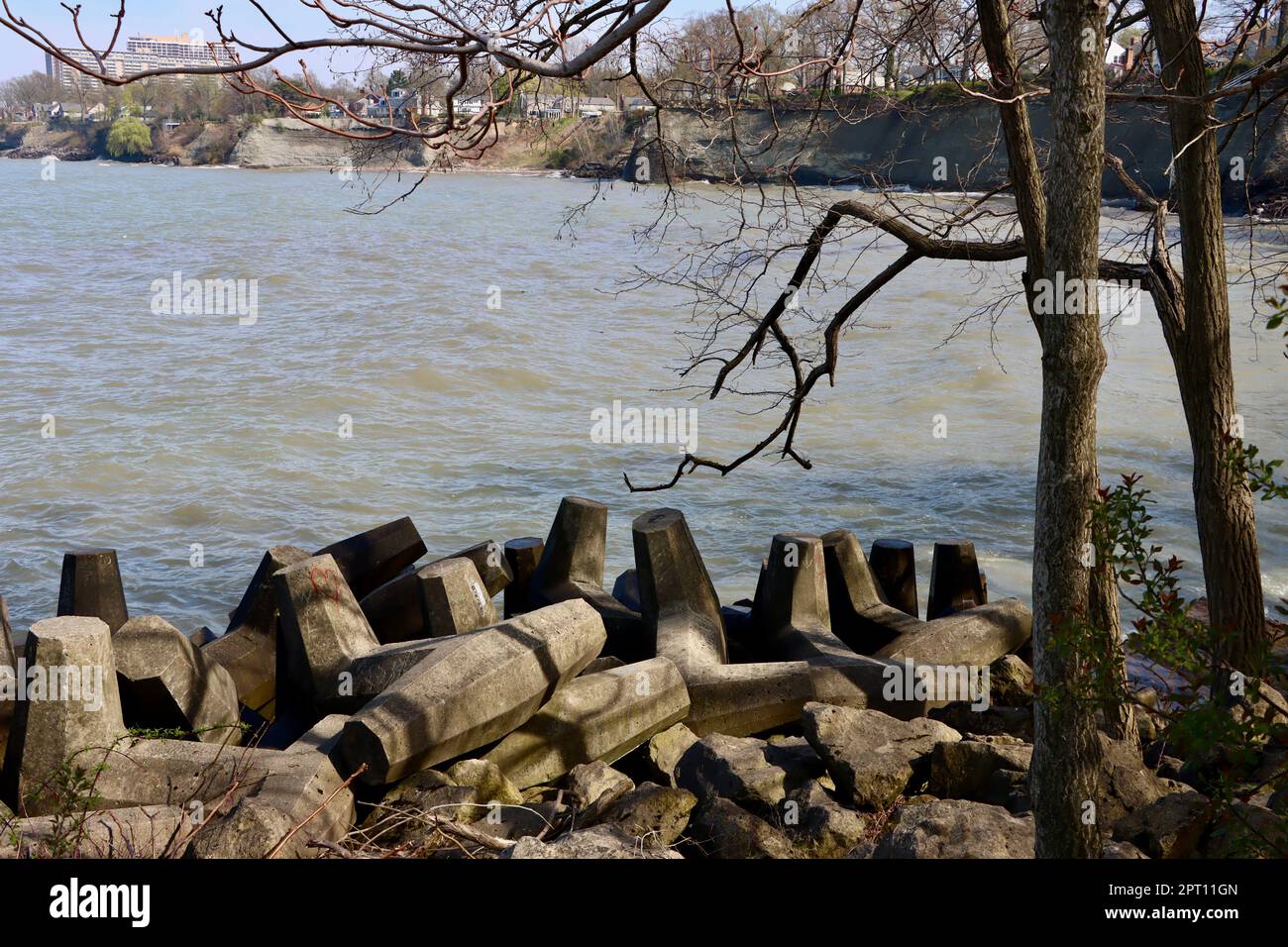 Break-wall, shore protector  at Lake Erie shore at Lakewood Park, Lakewood, Ohio Stock Photo