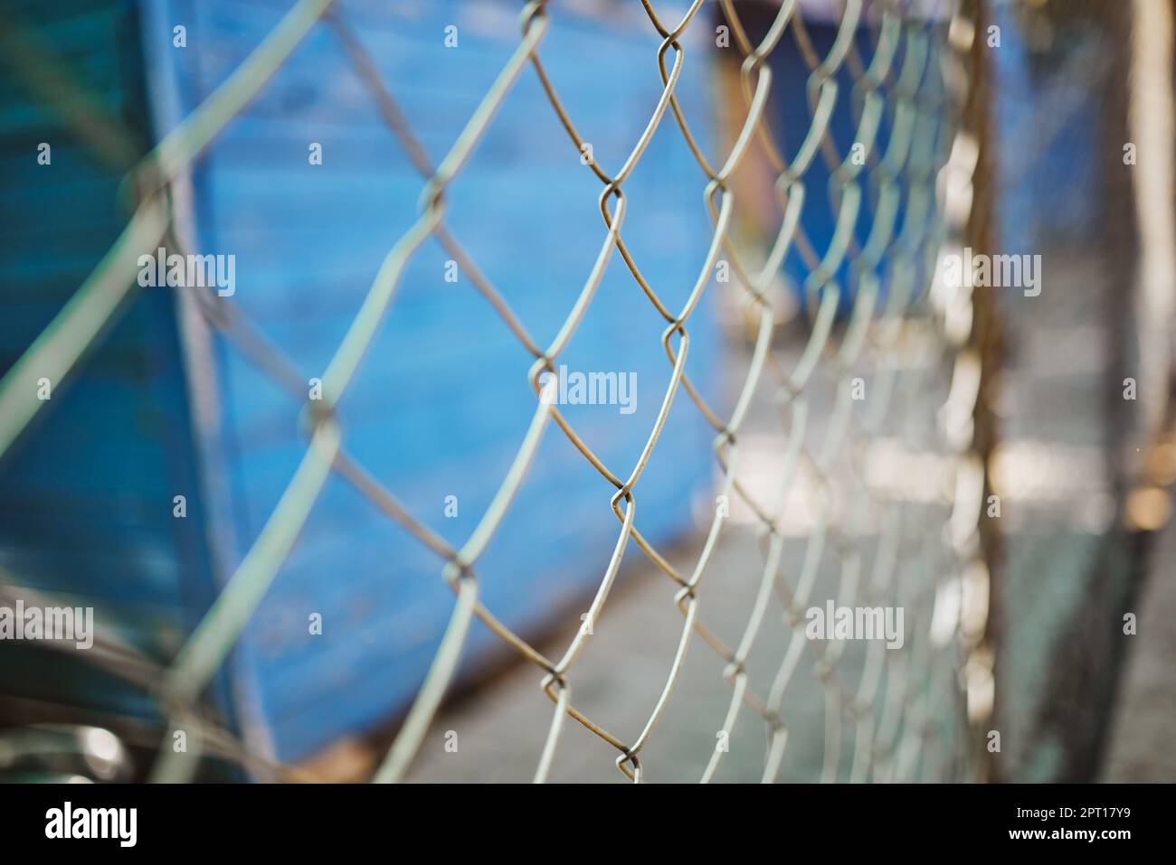 Steel, iron or metal fence for safety with a blurred background at an outdoor shelter or clinic. Chain link, veterinary and closeup of a wire barrier Stock Photo