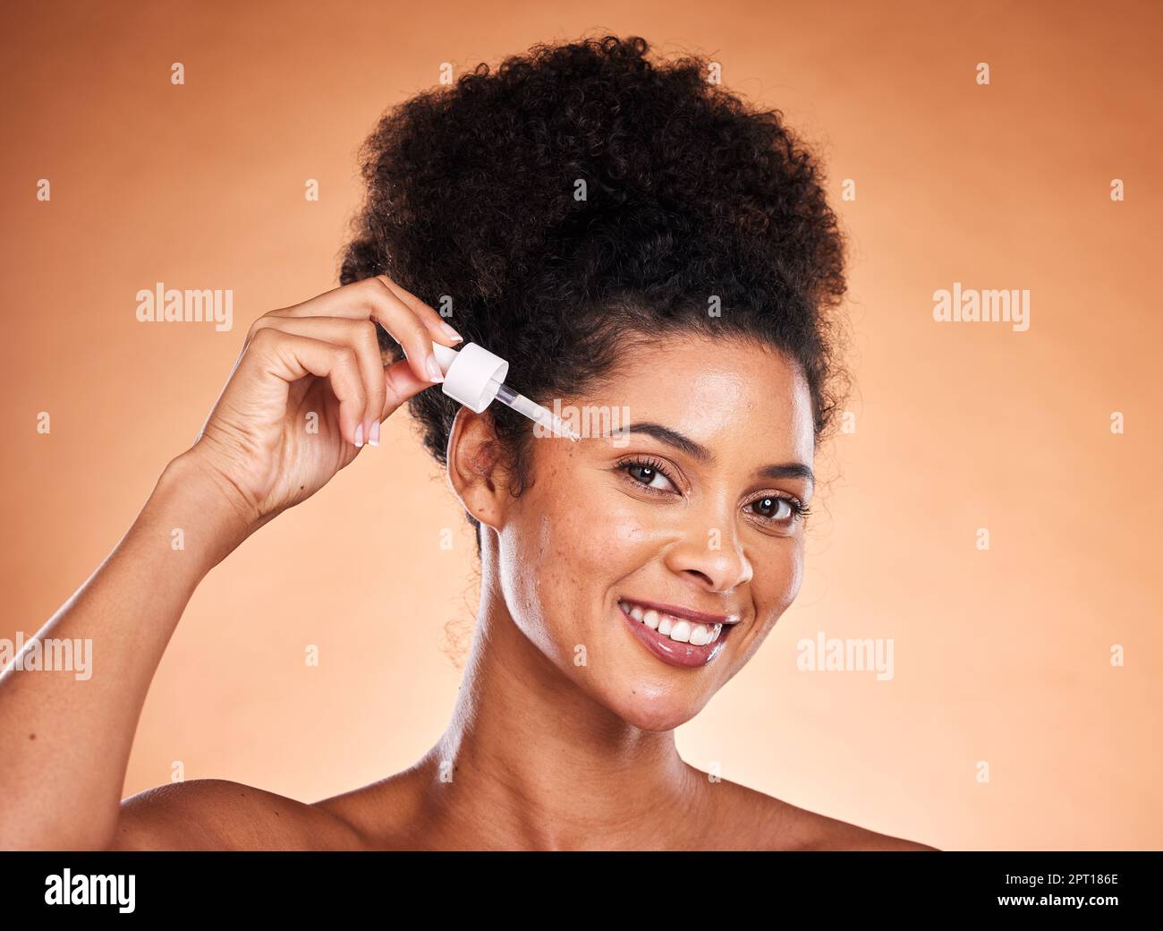 Black woman, beauty and facial serum, essential oil and aesthetic