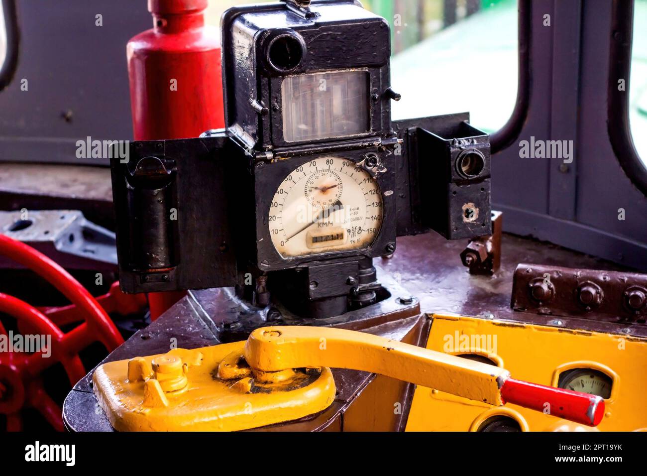 Retro control panel with speedometer of an old vintage steam train cabin close up. Stock Photo