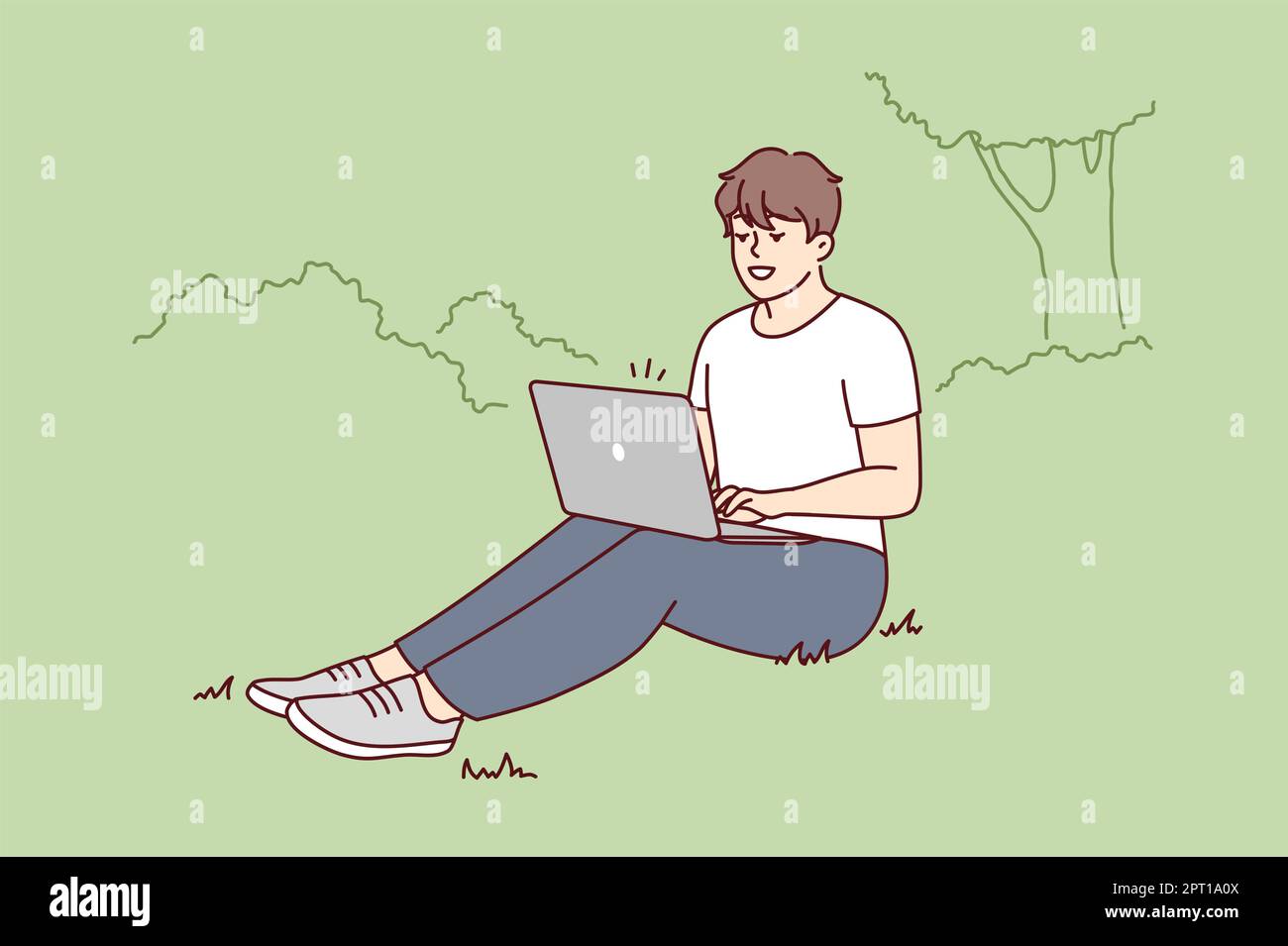 Smiling man sit in park work on laptop Stock Vector