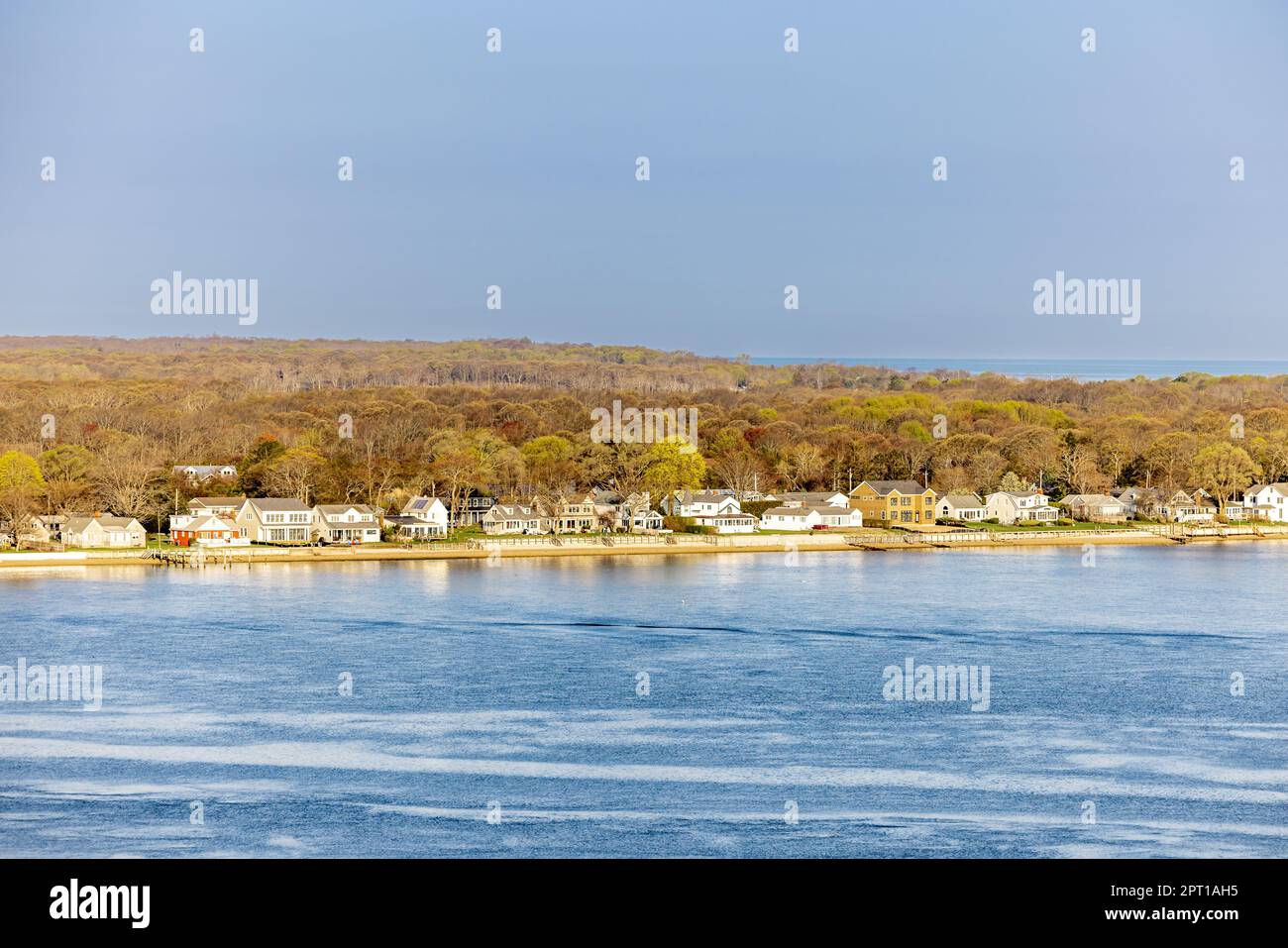 landscape of waterfront homes in Greenport, NY Stock Photo