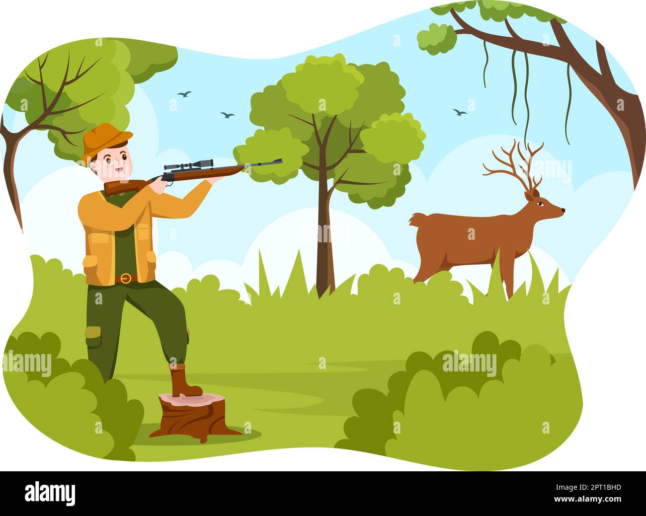 Hunter with Hunting Rifle or Weapon Shooting to Birds or Animals in the