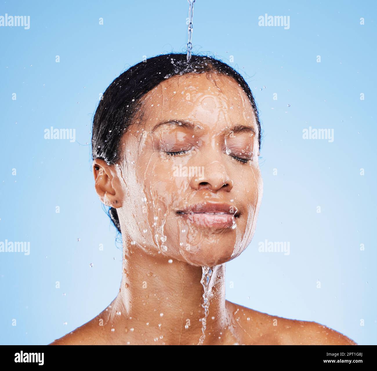 Shower, water and black woman in studio for face cleaning, morning