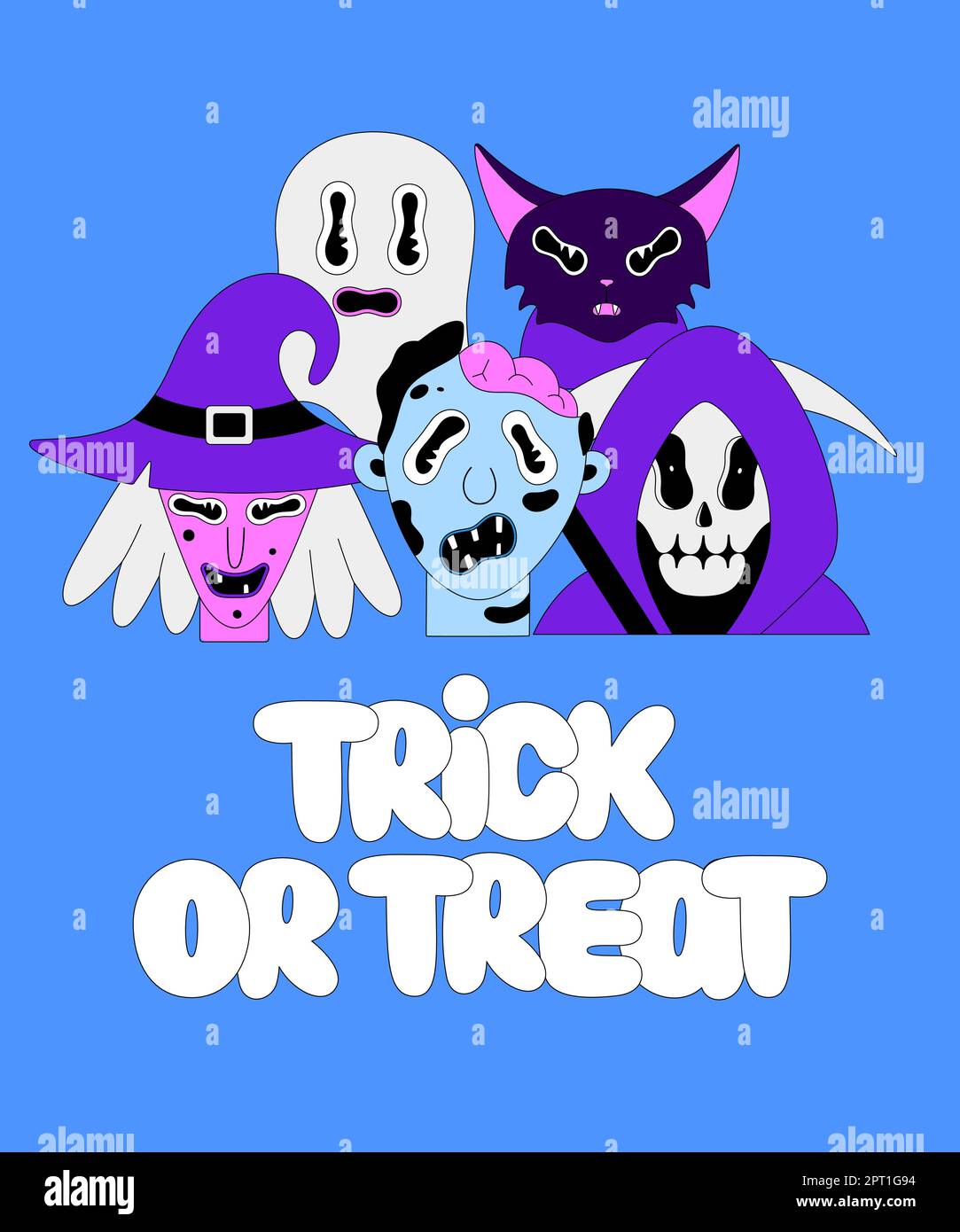 Halloween holiday. Colorful spooky fantasy characters on blue background. Witch, zombie, grim reaper, ghost, cat. Trick or treat lettering. Cartoon scary portraits. Poster, print on clothes, postcard Stock Vector