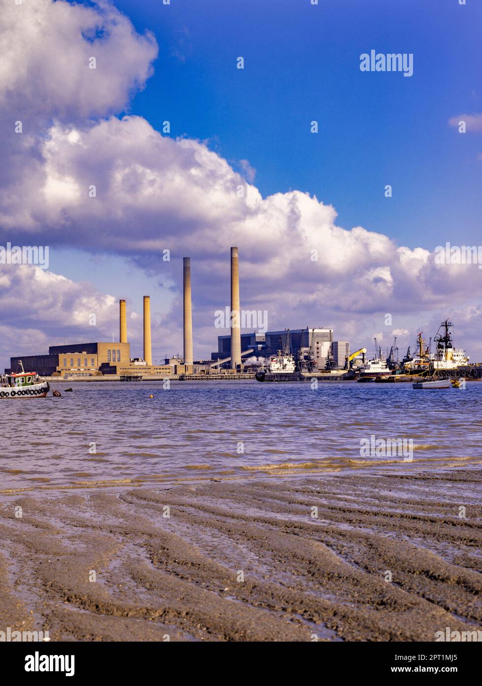 Historic image of the Thams from gravesend with Tilbury A and B Power stations Taken in 1986 Stock Photo
