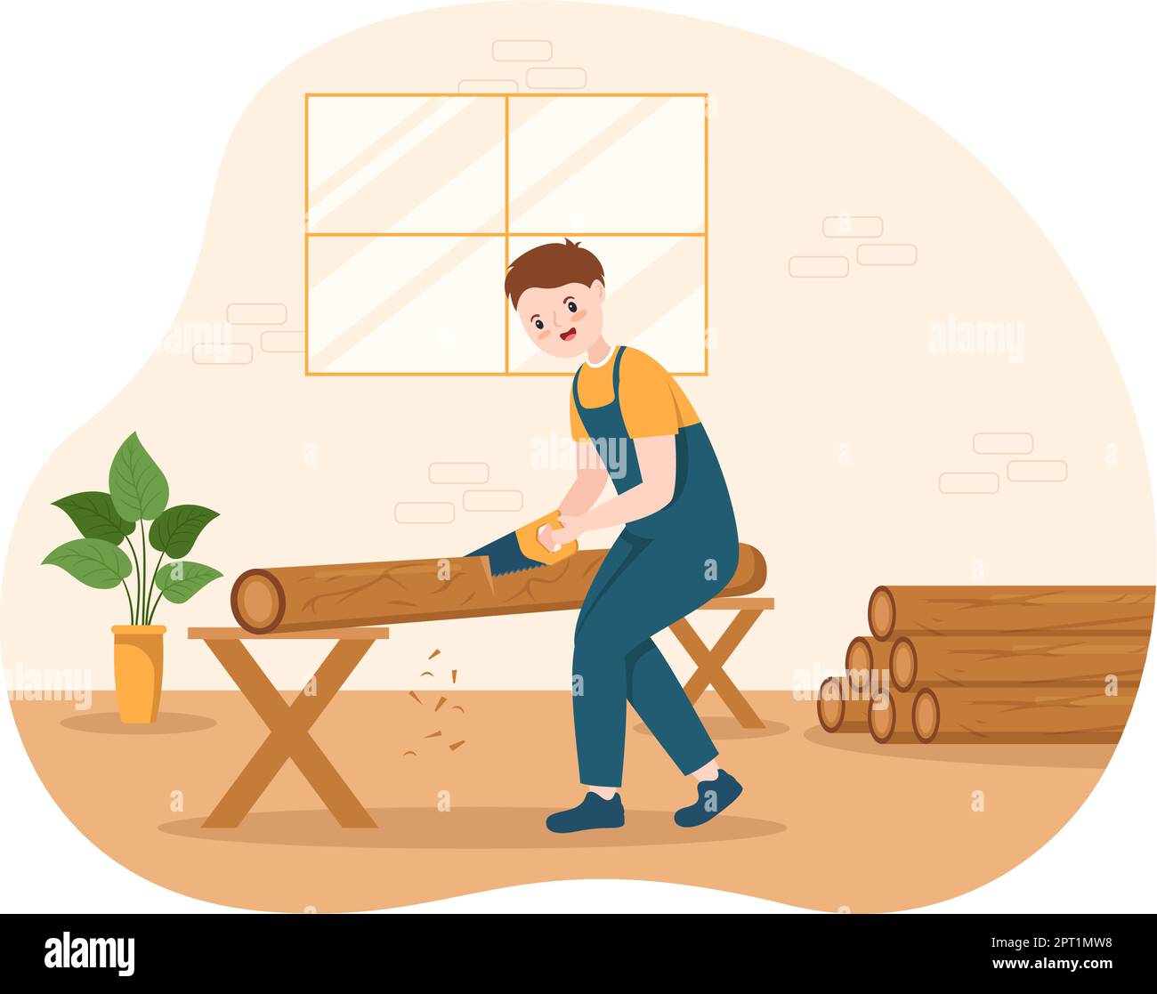 People Tree Cutting and Timber with Truck, Chainsaw Wooden and Tools Logging in the Forest on Flat Cartoon Hand Drawn Templates Illustration Stock Vector