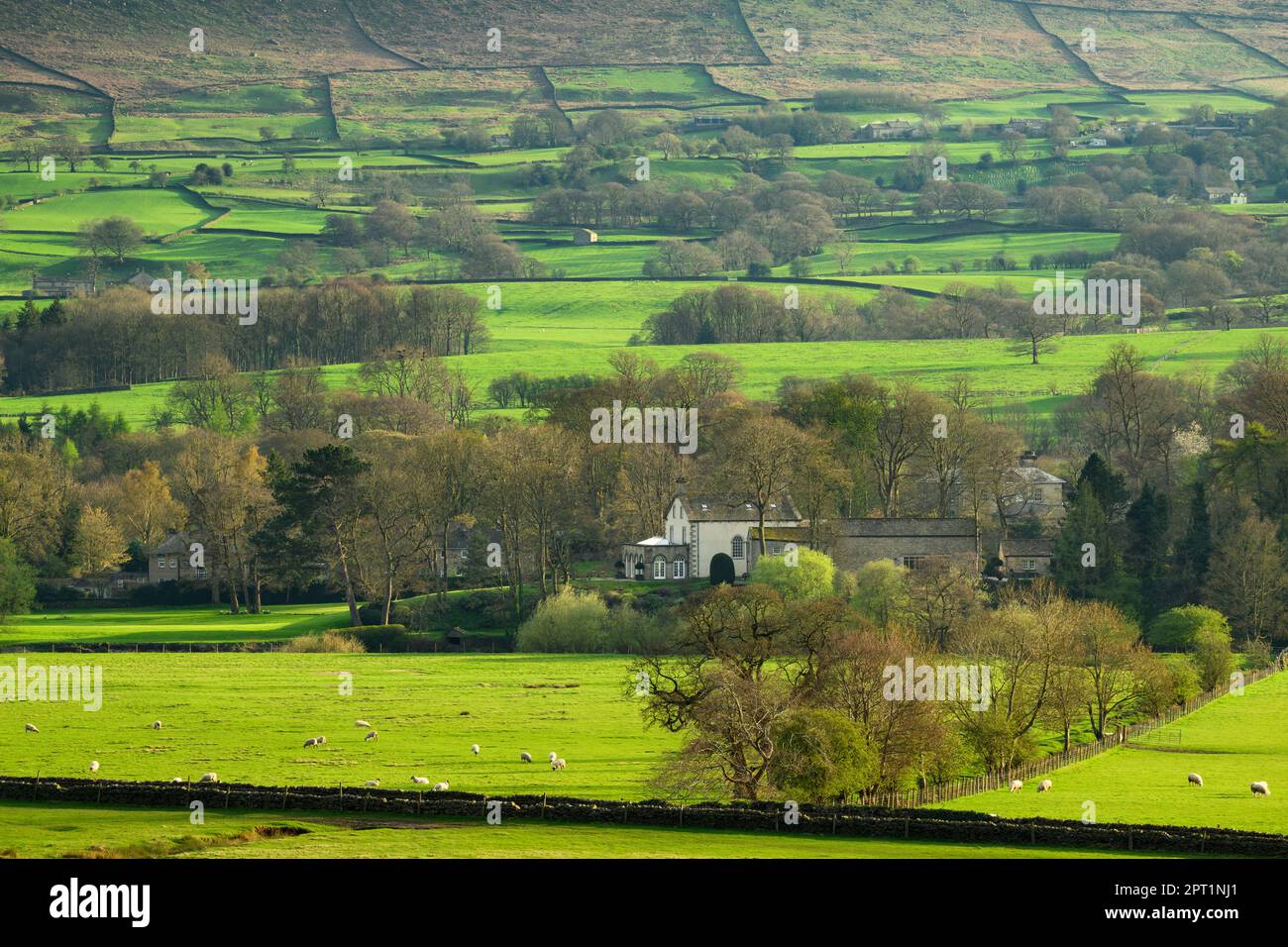Beautiful sunny valley & edge of village houses (sunlit hill & hillside, isolated buildings, upland fells) - Addingham, West Yorkshire, England, UK. Stock Photo