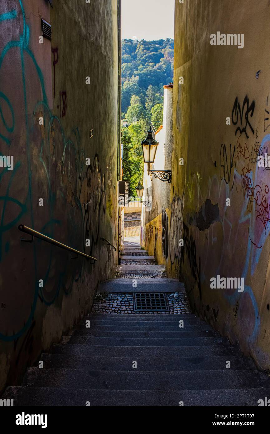 Czech Republic,Prague cityscape,Narrow passage with stairs Stock Photo