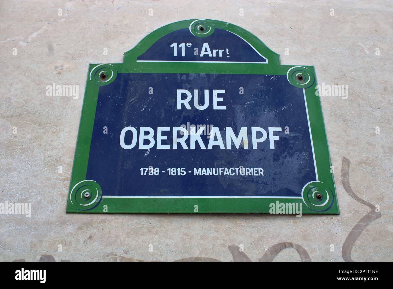 Typical Paris blue and green street-sign here depicting the famous Rue Oberkampf in the 11th arrondissement of Paris France. Stock Photo