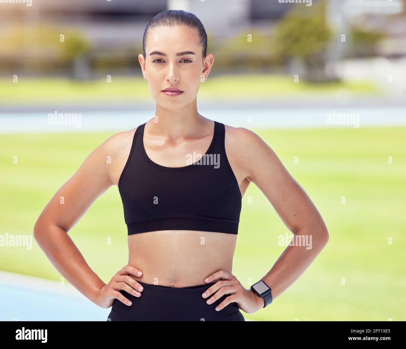 Woman, fitness and runner at stadium track for training, exercise and