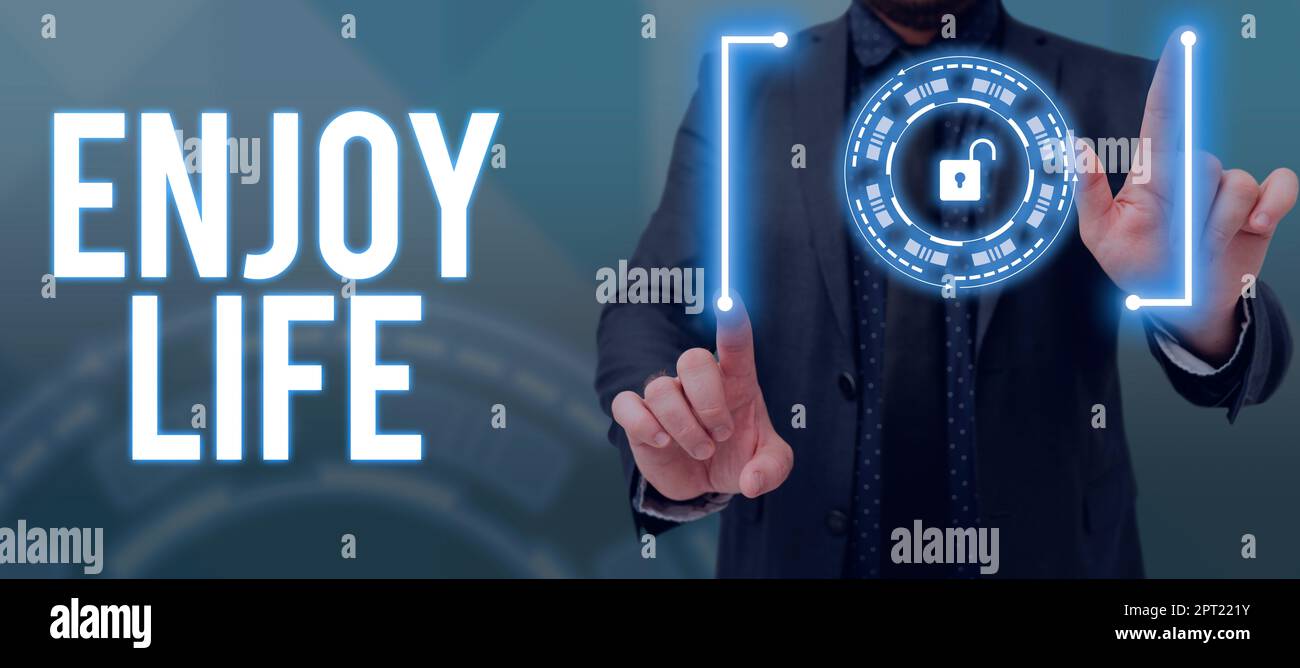 Text sign showing Enjoy Life, Business idea Any thing, place,food or person, that makes you relax and happy Stock Photo
